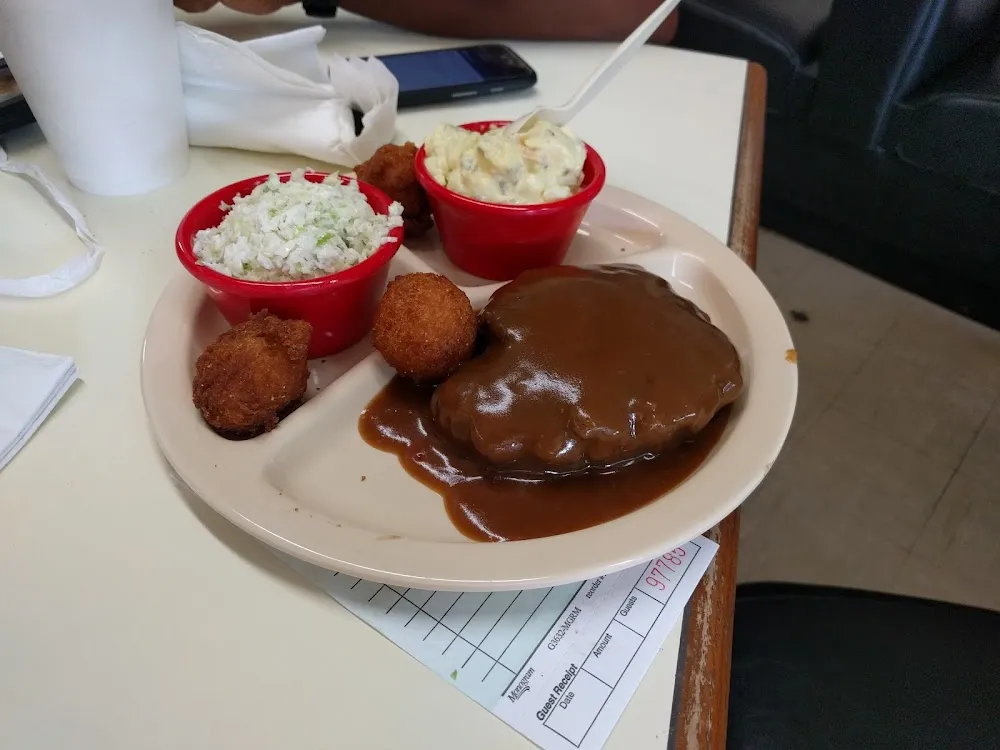 Monday - Hamburger Steak with 2 Sides and Hush Puppies or Rolls